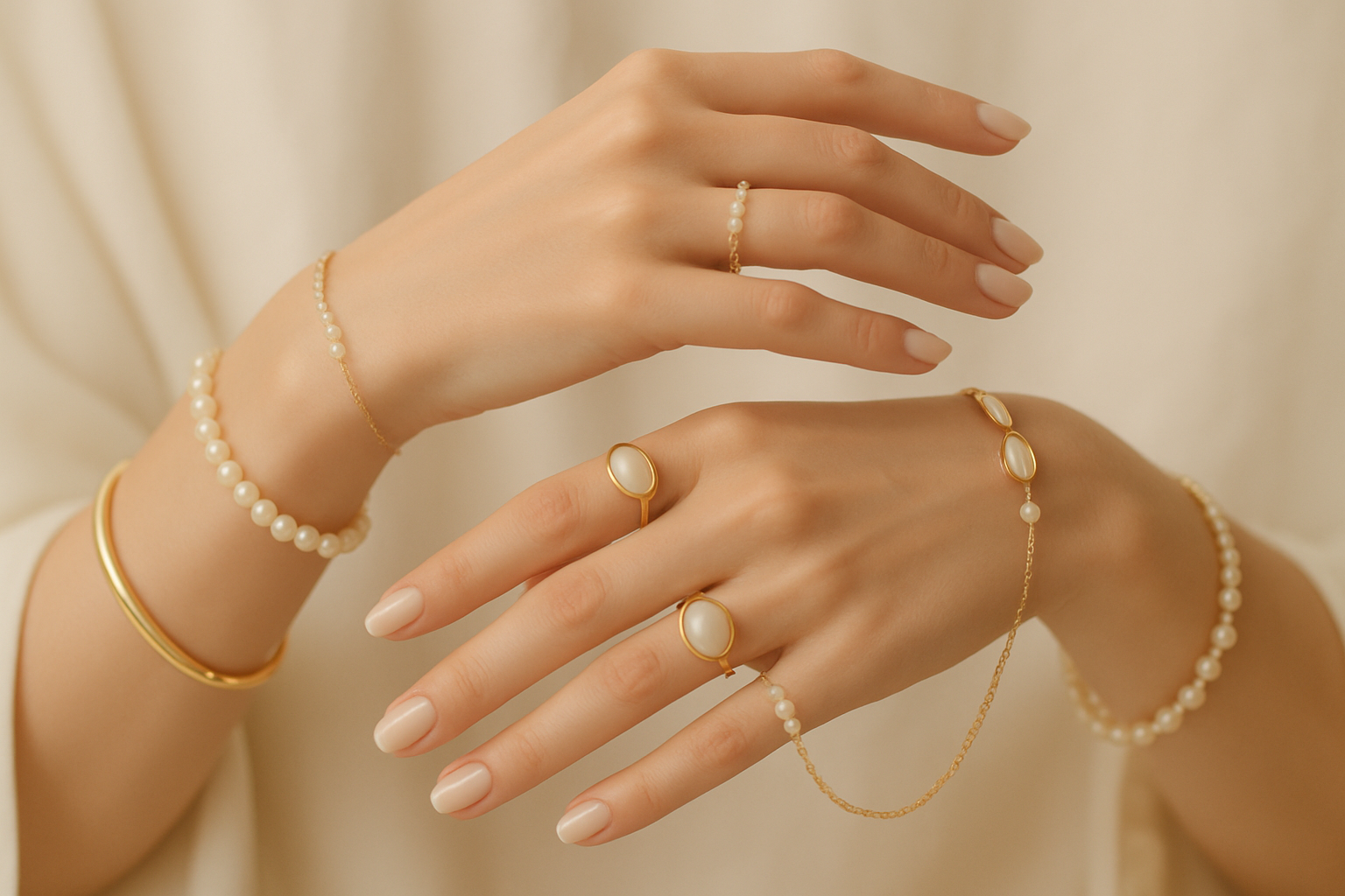 crea un foto de una chica que tiene mucha joyeria en las manos en colores crema